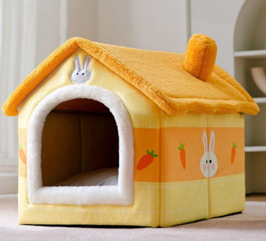 Cozy Bear Cottage | Cute Foldable Pet House for Cats & Small Dogs | Soft & Warm Bed”