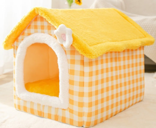 Cozy Bear Cottage | Cute Foldable Pet House for Cats & Small Dogs | Soft & Warm Bed”