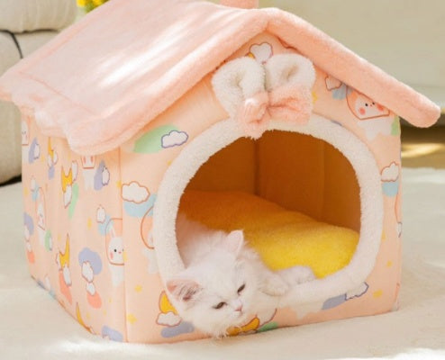 Cozy Bear Cottage | Cute Foldable Pet House for Cats & Small Dogs | Soft & Warm Bed”
