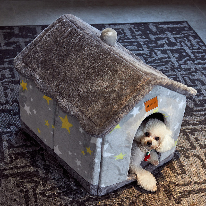 Cozy Bear Cottage | Cute Foldable Pet House for Cats & Small Dogs | Soft & Warm Bed”