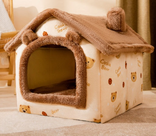 Cozy Bear Cottage | Cute Foldable Pet House for Cats & Small Dogs | Soft & Warm Bed”