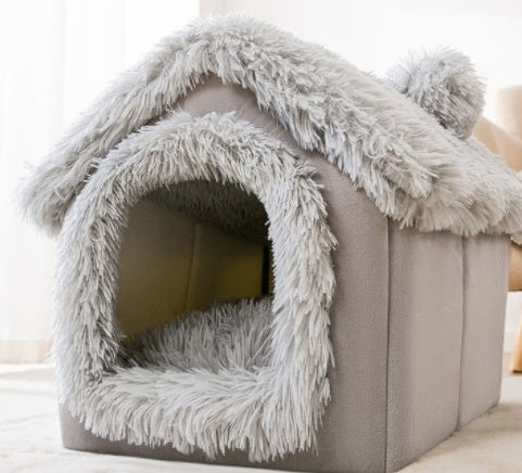 Cozy Bear Cottage | Cute Foldable Pet House for Cats & Small Dogs | Soft & Warm Bed”