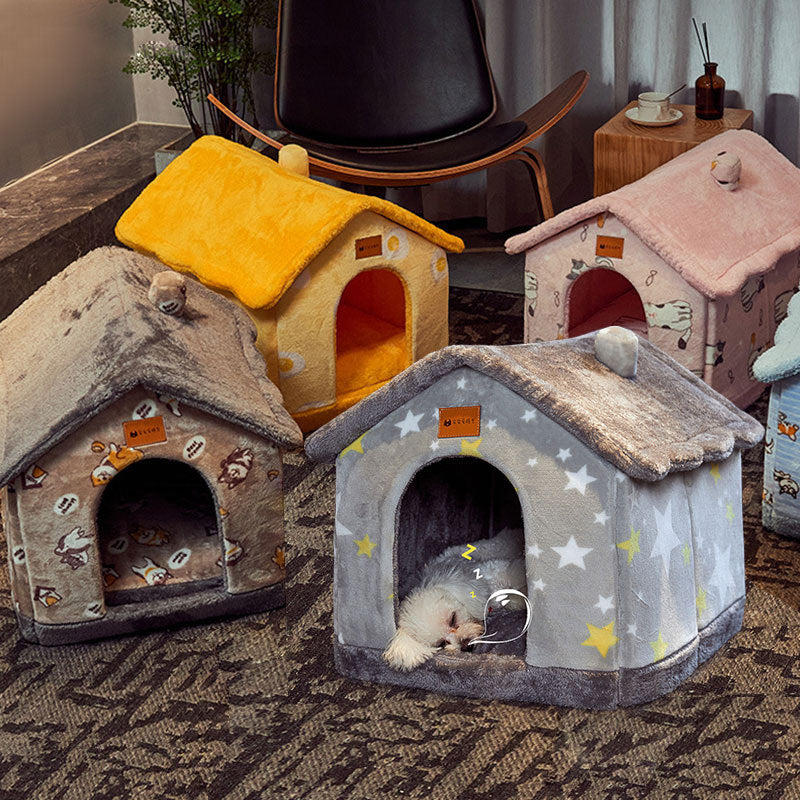 Cozy Bear Cottage | Cute Foldable Pet House for Cats & Small Dogs | Soft & Warm Bed”