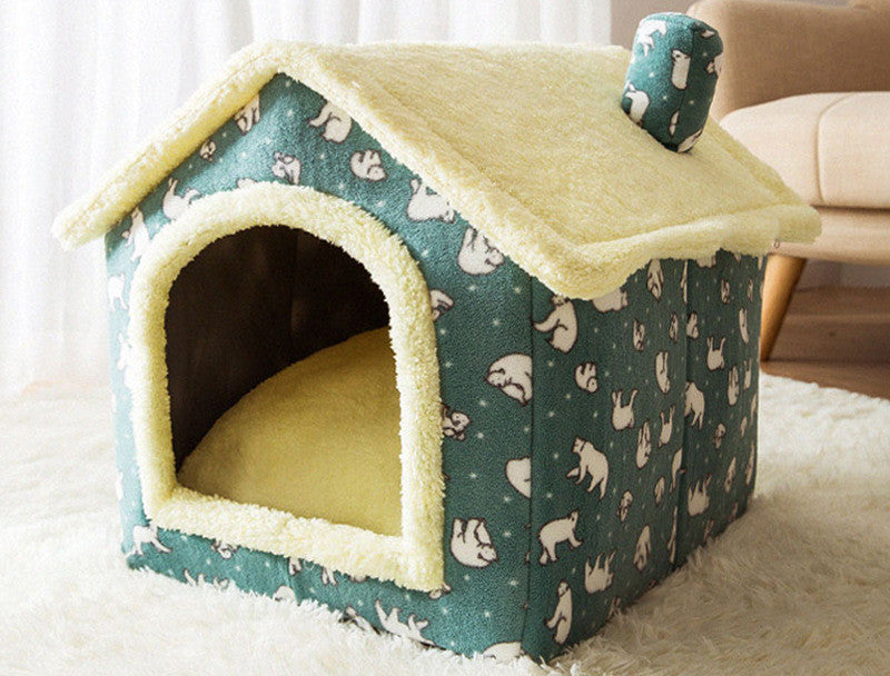 Cozy Bear Cottage | Cute Foldable Pet House for Cats & Small Dogs | Soft & Warm Bed”
