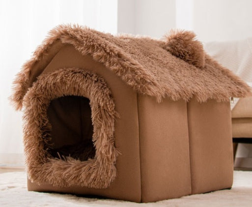 Cozy Bear Cottage | Cute Foldable Pet House for Cats & Small Dogs | Soft & Warm Bed”
