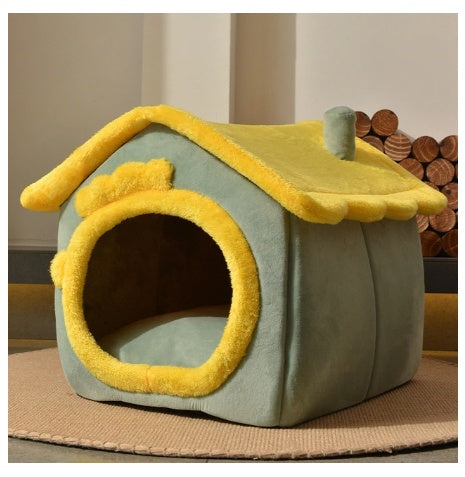 Cozy Bear Cottage | Cute Foldable Pet House for Cats & Small Dogs | Soft & Warm Bed”