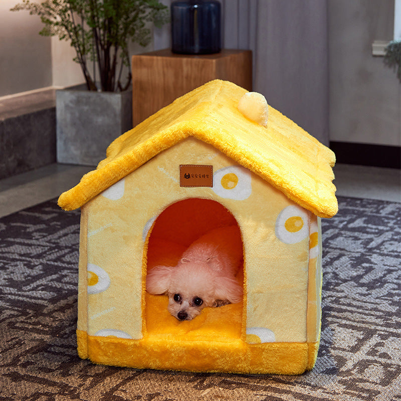 Cozy Bear Cottage | Cute Foldable Pet House for Cats & Small Dogs | Soft & Warm Bed”