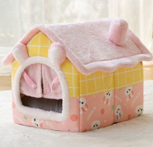 Cozy Bear Cottage | Cute Foldable Pet House for Cats & Small Dogs | Soft & Warm Bed”