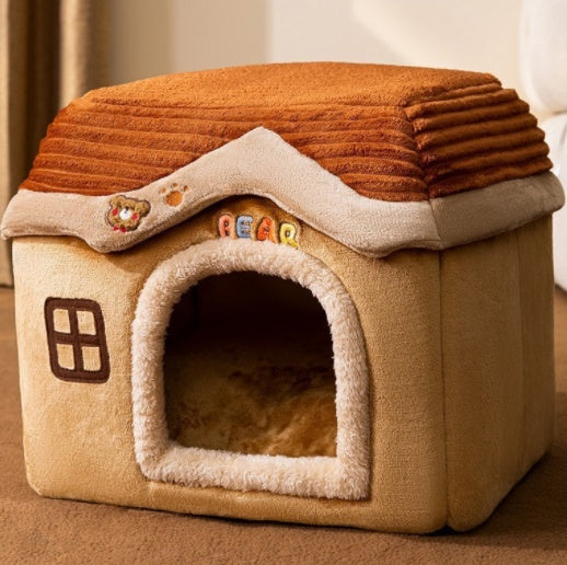 Cozy Bear Cottage | Cute Foldable Pet House for Cats & Small Dogs | Soft & Warm Bed”