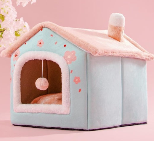 Cozy Bear Cottage | Cute Foldable Pet House for Cats & Small Dogs | Soft & Warm Bed”