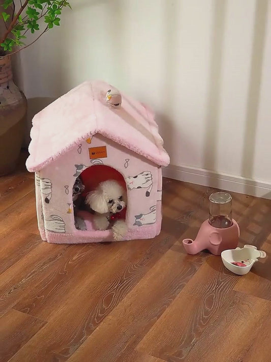 Cozy Bear Cottage | Cute Foldable Pet House for Cats & Small Dogs | Soft & Warm Bed”